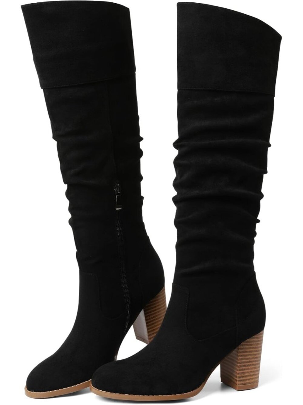 🆕Women's Black Suede Slouch Knee High Boots Round Toe Chunky Block Heel Shoes
